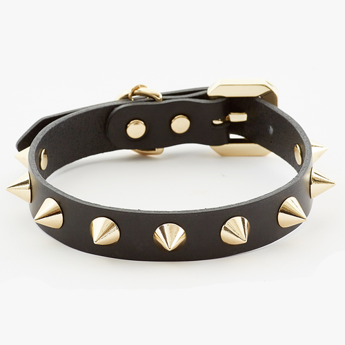 Golden Spike Leather Dog Collar - Black