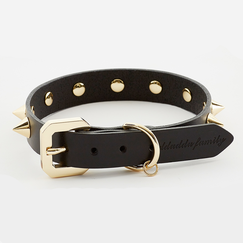Golden Spike Leather Dog Collar - Black