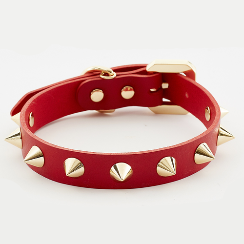 Golden Spike Leather Dog Collar - Red