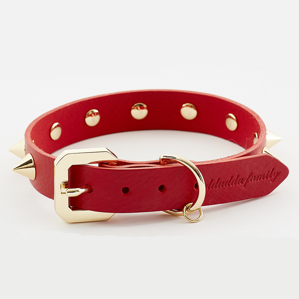 Golden Spike Leather Dog Collar - Red