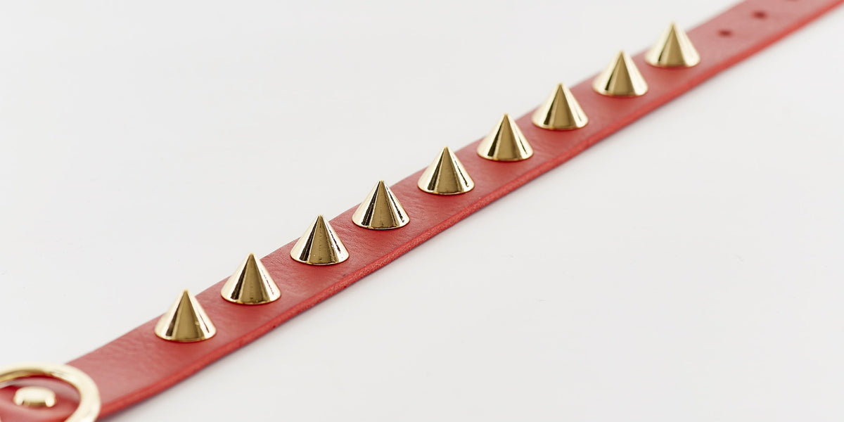 Golden Spike Leather Dog Collar - Red