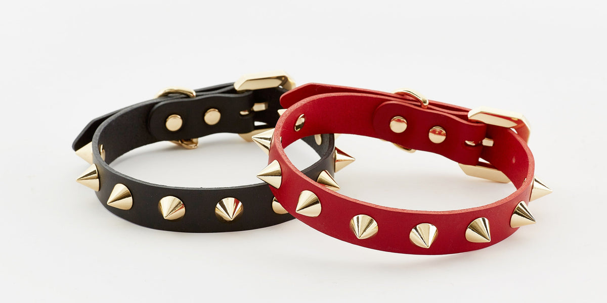 Golden Spike Leather Dog Collar - Red